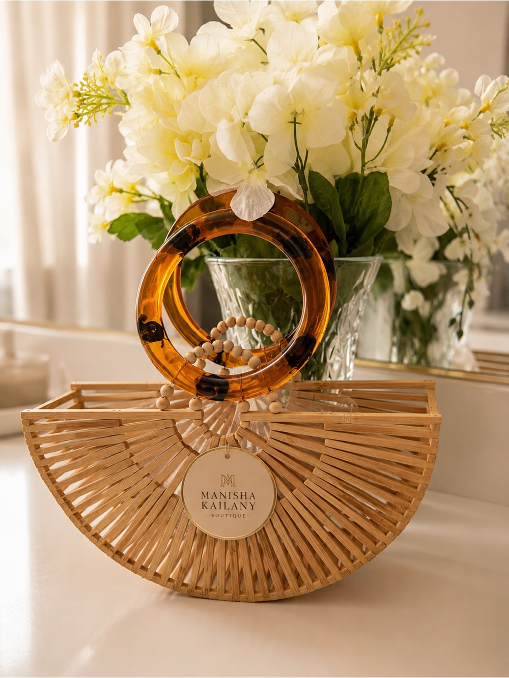 Bamboo Fan-Style Handbag with Tortoiseshell Handle - Natural